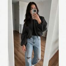 Women Solid Color Zip-Up Short Jacket With Pockets, Casual Long Sleeve Soft Bomber Jacket, Versatile Minimalist Design For Autumn/Winter Black Spring - Black - View 3