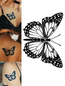 Herbal Juice Semi-Permanent Magic Tattoo Sticker, Delicate Butterfly Design, Long-Lasting 14 Days, Non-Fading, Non-Reflective, Temporary Tattoo Sticker For Arm, Shoulder, Neck, Collarbone, Back, Body, 1pc/Pack - Blue - View 1