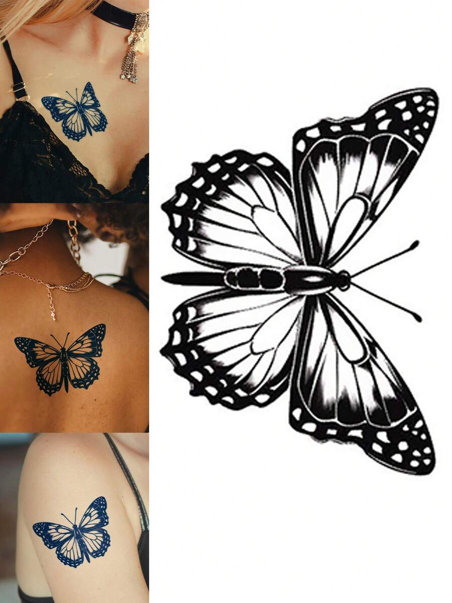 Herbal Juice Semi-Permanent Magic Tattoo Sticker, Delicate Butterfly Design, Long-Lasting 14 Days, Non-Fading, Non-Reflective, Temporary Tattoo Sticker For Arm, Shoulder, Neck, Collarbone, Back, Body, 1pc/Pack - Blue - View 1