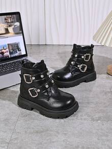 Girls' Brown Glossy Rhinestone Buckle Ankle Boots With Side Zipper, Thick Sole, Anti-Slip, British Style, Autumn/Winter Boots - Black - View 3
