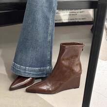 2026 New Women's Short Ankle Boots Slip-On Ruched Shaft Midline Split Design Minimalist Autumn Street Fashion Ankle Boots - Brown - View 1