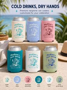 Personalized Neoprene Can Cooler, Custom Text Collapsible Insulated Can Sleeve, Mermaid Line Art Drink Holder For Beach And Pool Parties, Last Splash Celebrations And Bachelorette Party Favors - Multicolor - View 4