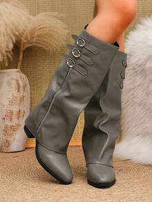 2024 Autumn New Women's Tall Boots Fashion Embroidered Knight Boots Mid-Heel Non-Slip - Grey - View 6