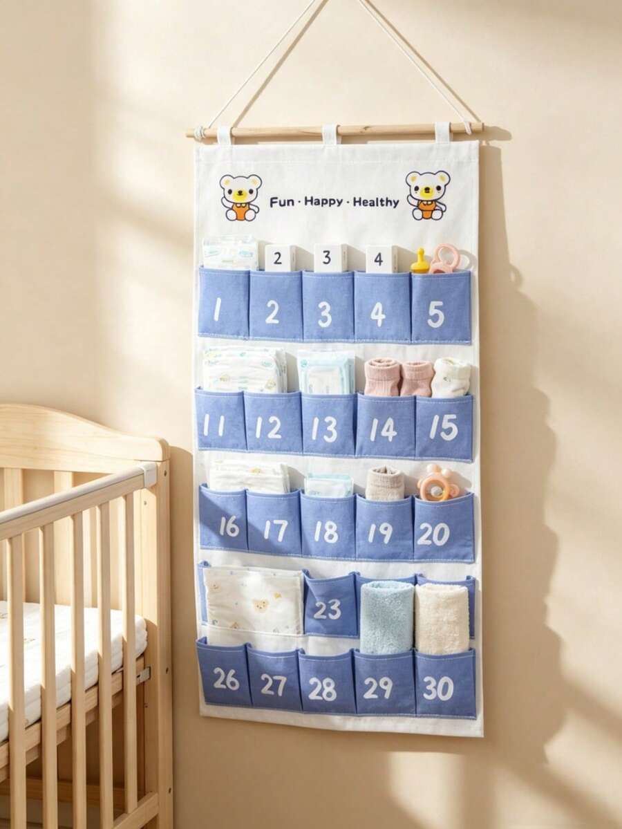 Baby Room Hanging Storage Organizer, 25/30 Numbered Pockets Wall Storage Bag, Cute Bear Print Fabric Wall Hanger For Diapers Socks Nursery Wall Decor - Multicolor - View 1