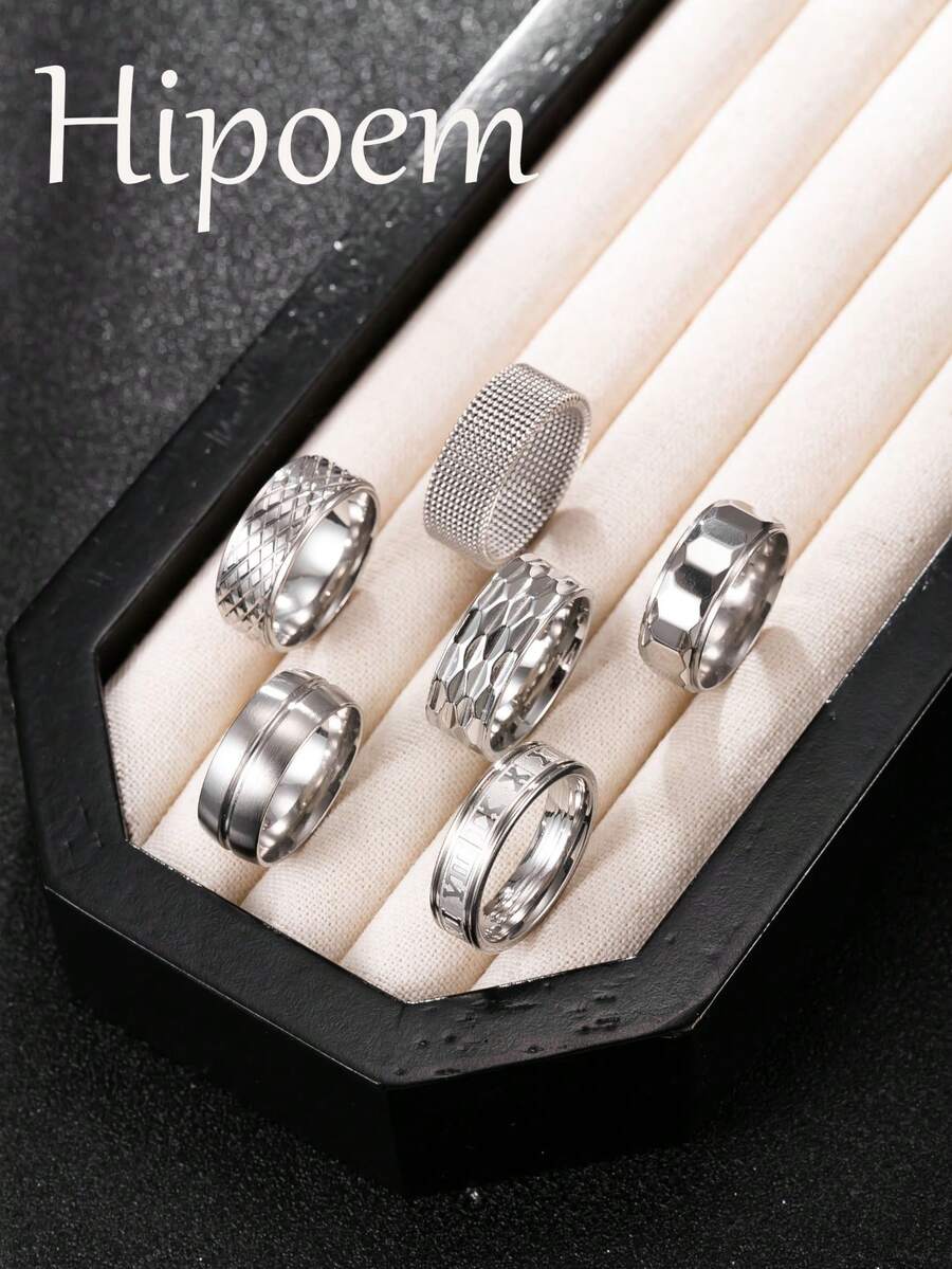 Hipoem Set Cincin Pria Stainless Steel Bergaya 6 Buah dengan Motif Ular Jala dan Elemen Angka Romawi, Cocok untuk Pemakaian Sehari-hari, Kencan, dan Aksesori Pesta Halloween - Perak - View 1