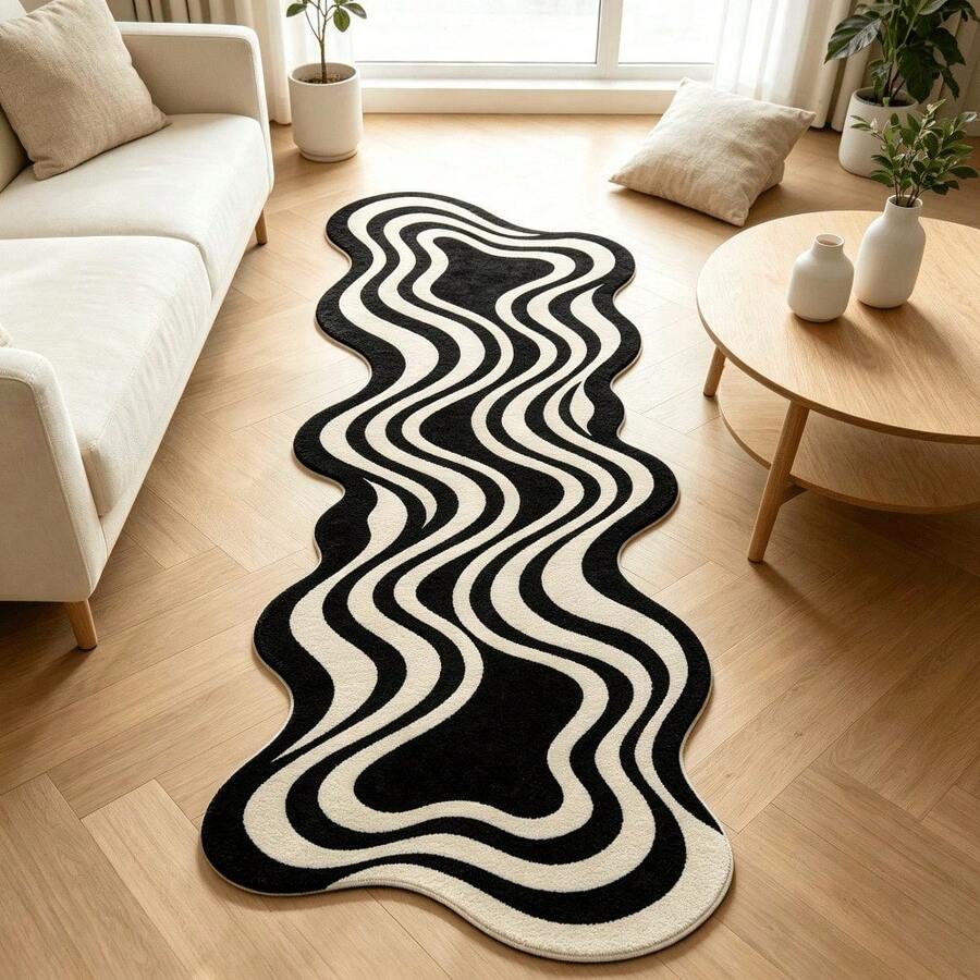 1pc Asymmetrical Wavy Long Strip Rug, Black And White Contrast Abstract Curved Design, Modern Ins Art Style, Unique And Recognizable Shape, Hand-Cut With 1-5cm Error, Photogenic Decorative Rug, Rug, Long Strip Rug, Mat, Home Decor, Area Rug, Living Room Rug, Room Decor, Washable Rug - Multicolor - View 1