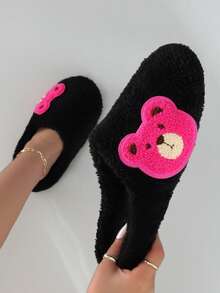 Cute Cartoon Embroidered Bear Plush Silent Soft Bottom Women's Indoor Slippers Floor Socks - Black - View 1