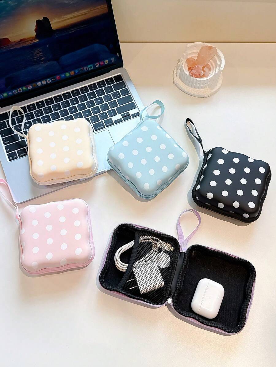 1Pc Polka‑Dot Handheld Zipper Large Storage Bag, Storage Organizer For Office Desk Accessories, Travel Essentials Travel Pouch, Multi‑Purpose Carry Case For Phone Accessories, Headphones Accessory, Power Bank Data Cable Cosmetic Sanitary Napkin Small Stuff - Multicolor - View 1