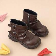 1 Pair Kids Cool Dark Brown Ruched Metal Buckle Side Zipper Ankle Boots, Suitable For Daily School Life, Shopping And Outings - Brown - View 3