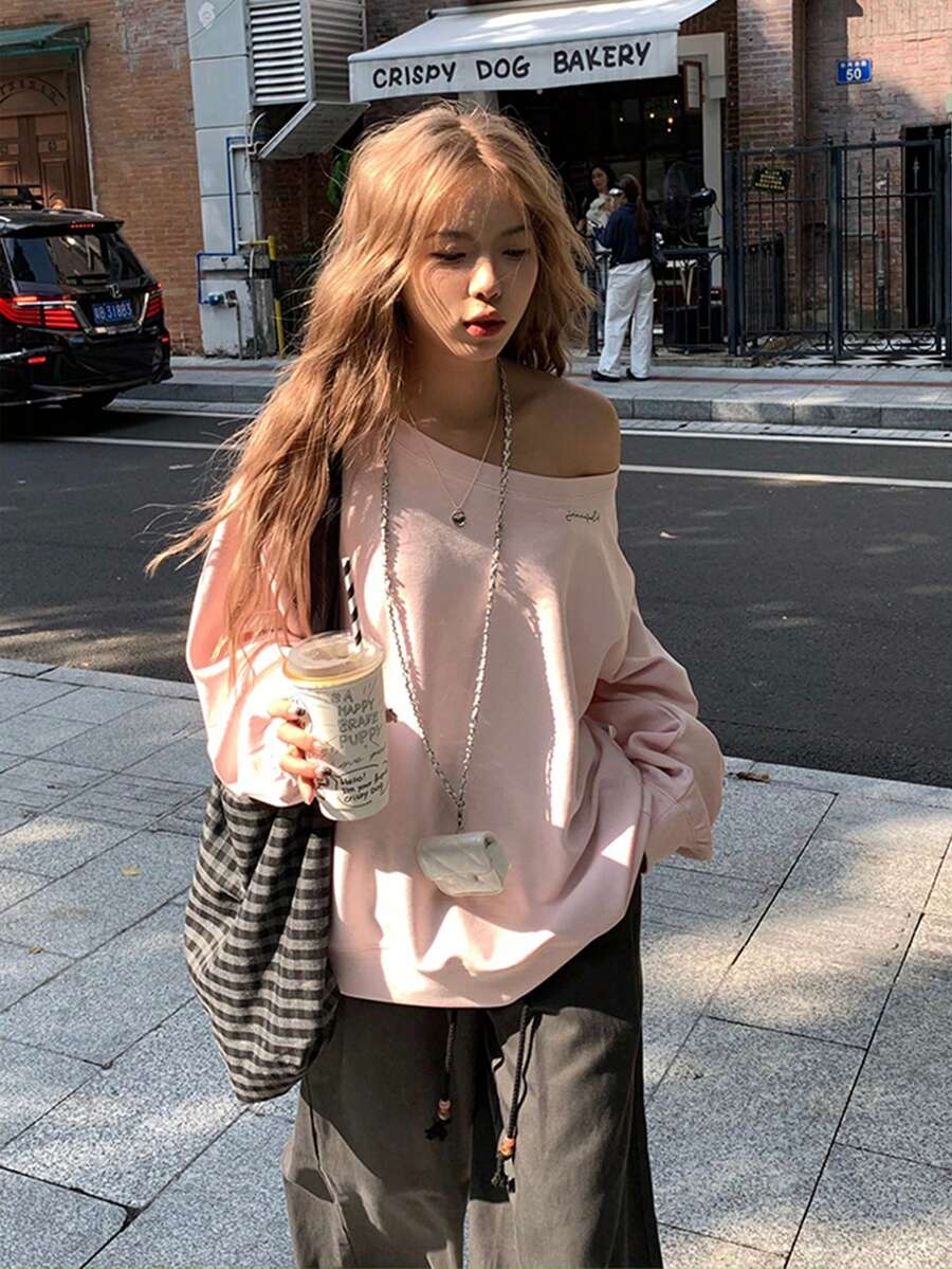 Women's Embroidered Asymmetric Shoulder Long Sleeve Casual Design Pullover Top - Pink - View 1