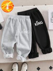 2pcs/Set Young Boy Casual Letter Print Solid Color Thermal Lined Jogger Pants, Autumn/Winter 2025 - Multicolor - View 2