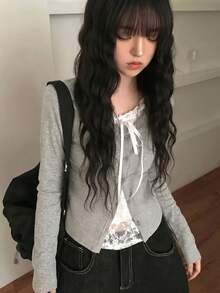 Casual Lace Patchwork 2 In 1 Bowknot Long Sleeve Women's Top Autumn - Grey - View 4
