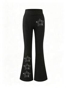 Tween Girl Flare Pants, Fashionable Leg-Flattering Elastic Slim Fit Wide Leg Long Pants For Little Girls - Black - View 3