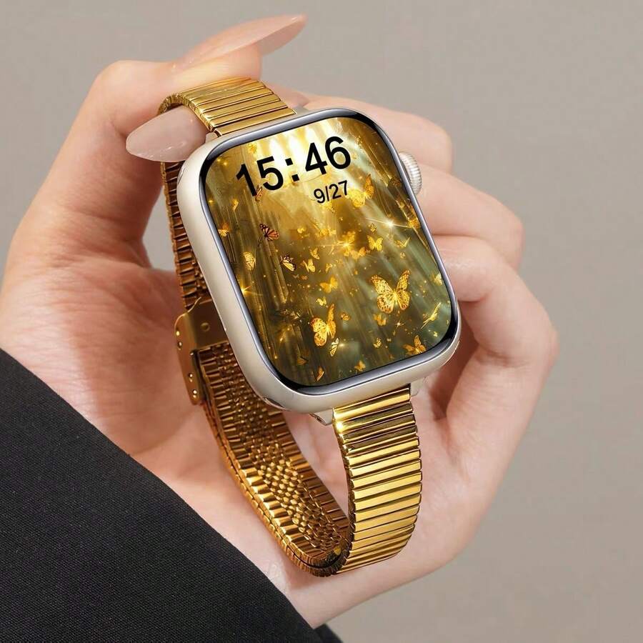 1件中性不鏽鋼手錶錶帶,適用於 I Watch 金色 S1-9 S10 S11 Ultra 2 SE,可調節長度 - 金色 - 查看 1