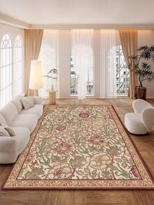 1PC Beige Vintage Floral Vine Area Rug, Faux Cashmere Material Rectangular European Classical Style Artistic Pattern, Machine Washable Suitable For Living Room Bedroom Daily Home Decor, Aesthetic Home Decoration - Multicolor - View 1