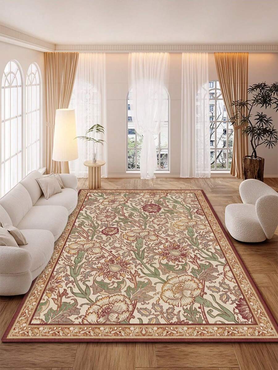 1PC Beige Vintage Floral Vine Area Rug, Faux Cashmere Material Rectangular European Classical Style Artistic Pattern, Machine Washable Suitable For Living Room Bedroom Daily Home Decor, Aesthetic Home Decoration - Multicolor - View 1
