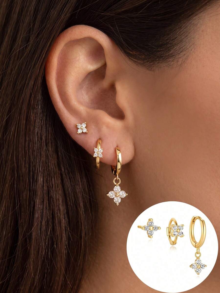 3pcs/Set Women's Lucky Zirconia Earrings Set, Light Luxury Minimalist Hoop & Stud Earrings, European & American Style Layered Earrings - Gold - View 1