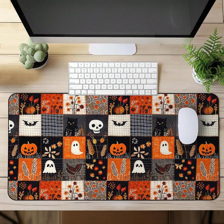 1pc Large Halloween Patchwork Pumpkin Mouse Pad, Vintage Black Cat Skull Ghost Bat Retro Desk Mat, Non-Slip Gaming Keyboard Pad - View 1