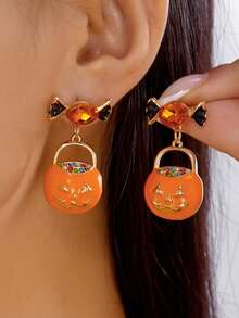 1 Pair Halloween Holiday Candy Pumpkin Basket Drop Earrings, Suitable For Holiday Wear, Best Gift Choice - Multicolor - View 1