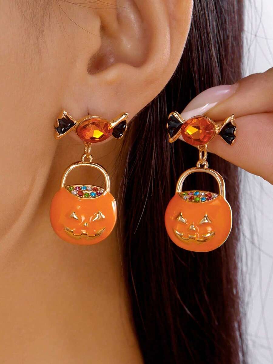 1 Pair Halloween Holiday Candy Pumpkin Basket Drop Earrings, Suitable For Holiday Wear, Best Gift Choice - Multicolor - View 1