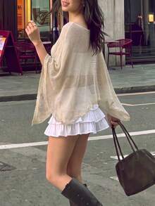 Women's Autumn/Winter Beige Beaded Sheer Knit Batwing Sleeve Cropped Cover Up Sweater, Casual Loose Mesh Knit Shawl, Autumn Daily Wear - Apricot - View 2