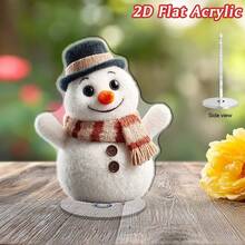 2D Flat, 1pc Flat Rotating Snowman Acrylic Desktop Ornament With Plush Hat, Scarf And Carrot Nose - Flat 2D Winter Character, Suitable For Christmas Tree, Shelf Or Office - A - View 4