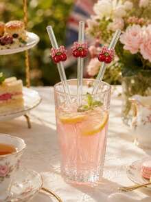3PCS Reusable Clear Bent Glass Straw With Red Cherry & Plaid Bow Ornament, For Hot & Cold Beverages, Great For Outdoor Picnic, Holiday Gathering, Wedding Party & Present - Clear - View 5
