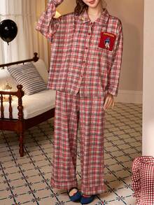 Gongdie 2 Pieces Disney Mickey Christmas Pajamas For Women,Fall Red Plaid Soft Cotton Loungewear With Pocket - Red - View 8