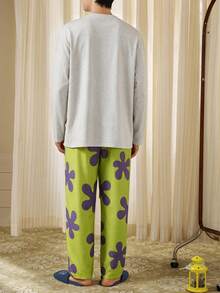 Gongdie SpongeBob SquarePants 2 Pieces SpongeBob Patrick Men's Pajama Set,Fall Gray Soft Cotton Loungewear With Pocket - Light Grey - View 6