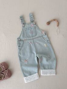 Baby Girls Infant Turn-Down Collar Petal Sleeve Top With Floral Embroidery Denim Overalls Lace Trim Spring Autumn Set - Baby Blue - View 5