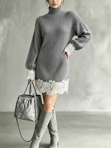 Chic Ribbed Knit Mini Sweater Dress For Women, Featuring Beautiful Lace Accents, Ideal For Autumn And Winter Fashion - Grey - View 2