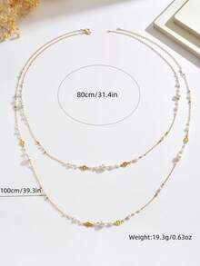 1 Set 2pcs Gentle Delicate Elegant Fairy Style Hollow Floral Pattern Asymmetrical Faux Pearl Gold Long Necklace Set Suitable For Women Daily Commute Party Evening Banquet Versatile Accessory - Gold - View 2