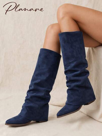Women's Fashion Blue Suede Ruched Mid-Calf Boots, Slip-On Pointed Toe Chunky Heel Western Riding Boots, Autumn Wrinkled High Heel Long Boots, Slouchy