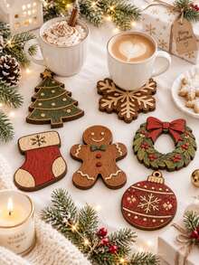 1/6 Styles 1set Christmas Wooden Coaster Set, Festive Tree Wreath Snowflake Gingerbread Stocking & Ornament Drink Coasters, Rustic Holiday Table Decor, Coffee Mug Cup Mats, Christmas Gift For Home Kitchen Party Decoration - Multicolor - View 3