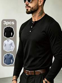 [3pcs/Pack]American Style Men's Long Sleeve Henley Shirt, Simple Solid Color 3-Button Crew Neck T-Shirt, Versatile Outdoor Commute Base Layer Top - Black - View 3