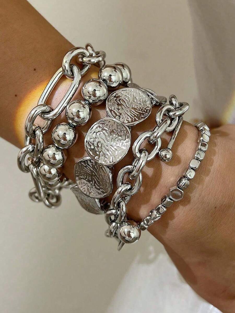 6/5/1 Vintage Elegant Fashion Geometric Round Disc Hammered Beaded Bracelet Set With Chunky Chain, Suitable For Women's Daily Wear
