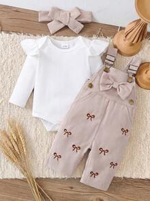 Baby Girl Flutter Sleeve Ribbed Long Sleeve Bodysuit & Corduroy Overall Pants 2pcs Set, Light Khaki Bow Embroidery, Vertical Striped Corduroy, Spring/Autumn Outfit - Multicolor - View 5
