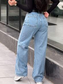 Women Plus Size Retro Minimalist Elastic Waist Loose Straight Leg Jeans Casual Spring Fall - Light Wash - View 3