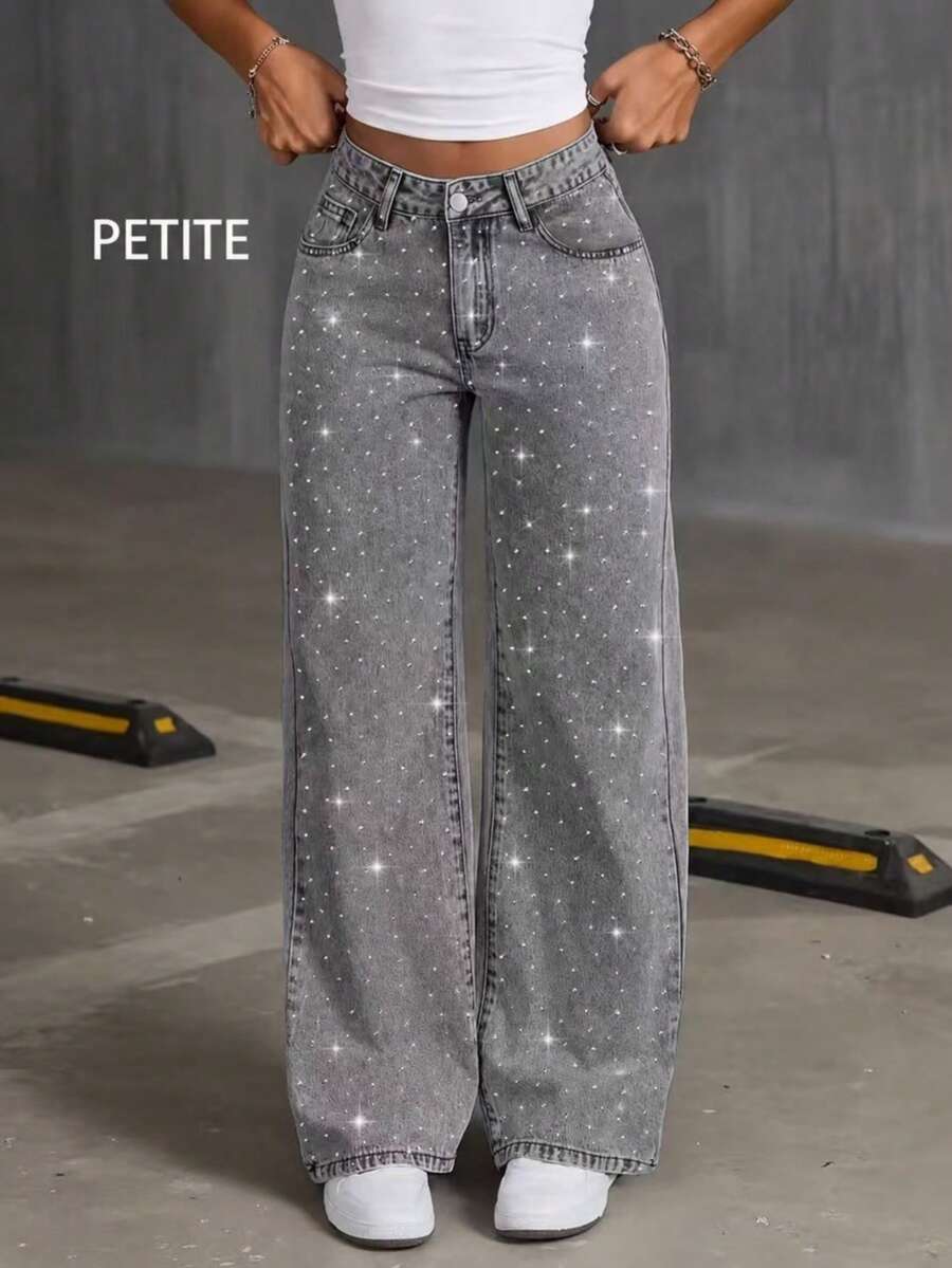 PETITE 女款秋冬新款星空水鑽裝飾寬腿牛仔褲,中腰鬆弛垂墜休閒丹寧褲 - 灰色 - 查看 1