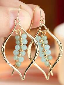 YOYO Women's Twisted Hollow Ear Hooks, Pale Green Chain Decor, Ideal For Beach Travel - Gold - View 8