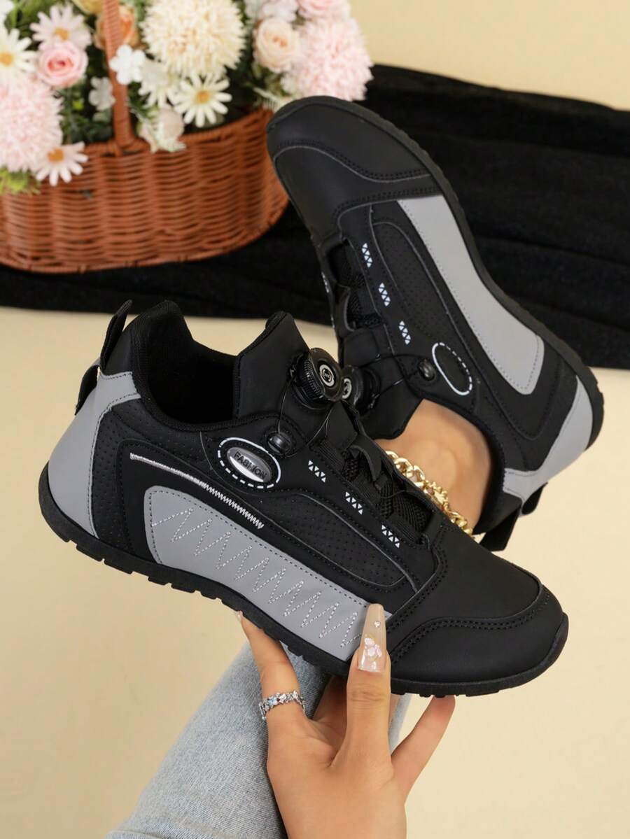 Women's Colorblock Knob Slip-On Casual Sports Shoes, Round Toe, Breathable, All-Season Wear, Preppy Style, Versatile - Black - View 1