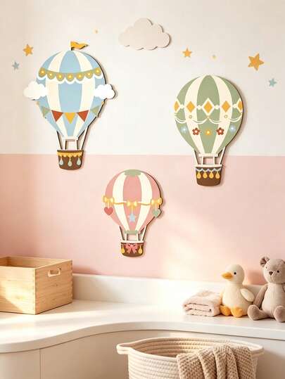 3pcs Soft Color Hot Air Balloon Wooden Wall Decor, Neutral Bohemian Country Style, Suitable For Home, Bedroom, Children's Room, Baby Shower Wall Decoration And Gifts