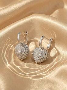SWAROVSKI Full Rhinestone Heart Pendant Ear Clips, 3D Plump Heart-Shaped Crystal Earrings, Birthday Gift For Girlfriend - Silver - View 1