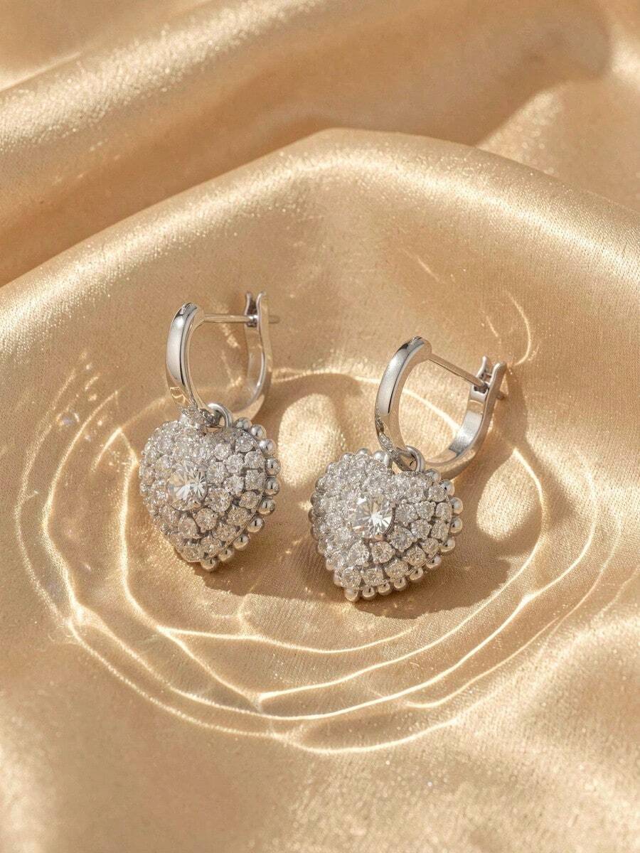 SWAROVSKI Full Rhinestone Heart Pendant Ear Clips, 3D Plump Heart-Shaped Crystal Earrings, Birthday Gift For Girlfriend - Silver - View 1