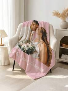 1pc Pink Minimalist Wedding Photo Customized Blanket, Add Photo And Confession Text Flannel Blanket, Wedding Room Decor Autumn/Winter Thickened Memorial Gift Nap Blanket - Multicolor - View 3