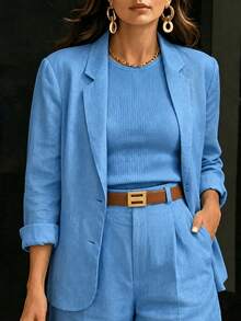 Women's Spring Autumn Blue Linen Blazer Thin Jacket Loose Breathable Lapel Coat French Minimalist Commute Business Casual Daily Wear Top - Blue - View 4