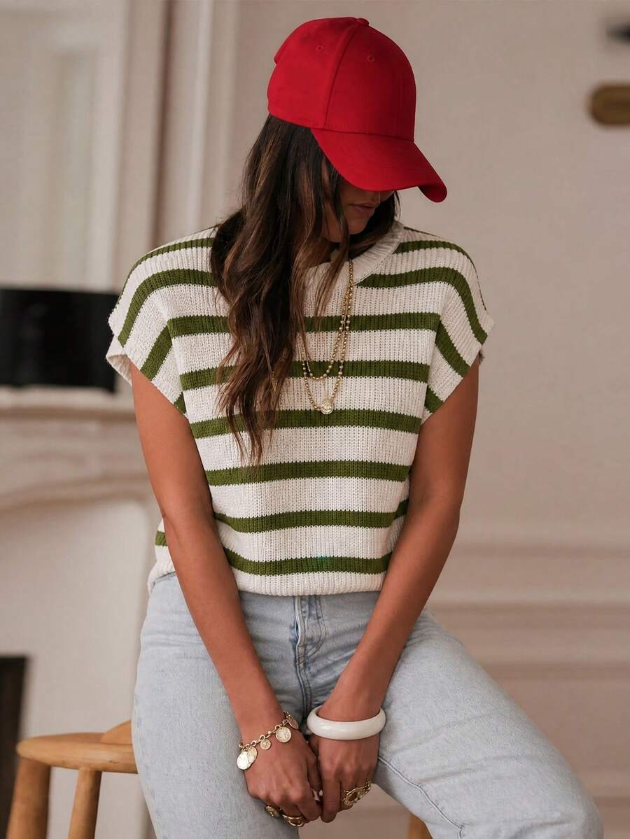 Stripe Side Slits Crewneck Short Sleeve Sweater Tee Round-Neck Loose Color-Blocking Plus-Size Knitted Sweater,Christmas New Year - Green - View 1