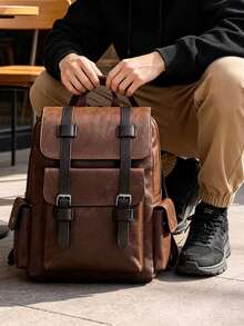 Men's Vintage Leather Backpack, Casual Business Travel Rucksack With Multiple Pockets, Classic Waterproof School Bag For Men - Coffee - View 4