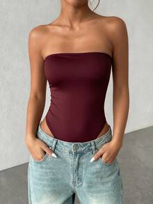 Women's Solid Color Strapless Bodysuit, Versatile For Daily Wear, Sexy & Fashionable Summer - Burgundy - View 10