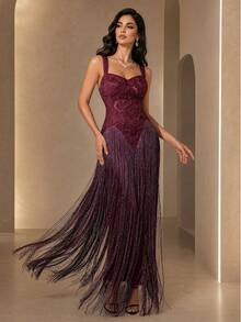 Elegant Women's Burgundy Sleeveless Tassel Decor Dress, Perfect For Balls And Formal Events, Soft And Suitable For Banquets And Galas - Dark Purple - View 1